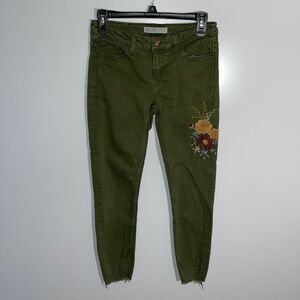 Zara Embroidered Olive Denim‎ Raw Hem Skinny Jeans Size 4